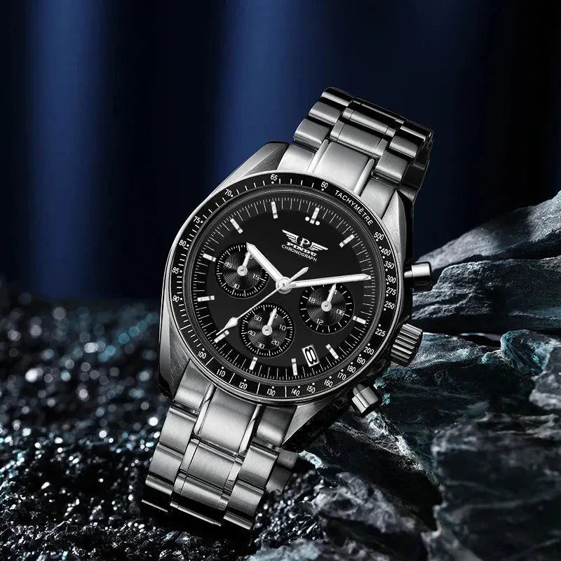 PINDU P1701 chronograph watch for men showing multi-register dial with moon phase aperture and tachymeter — men's chronograph quartz