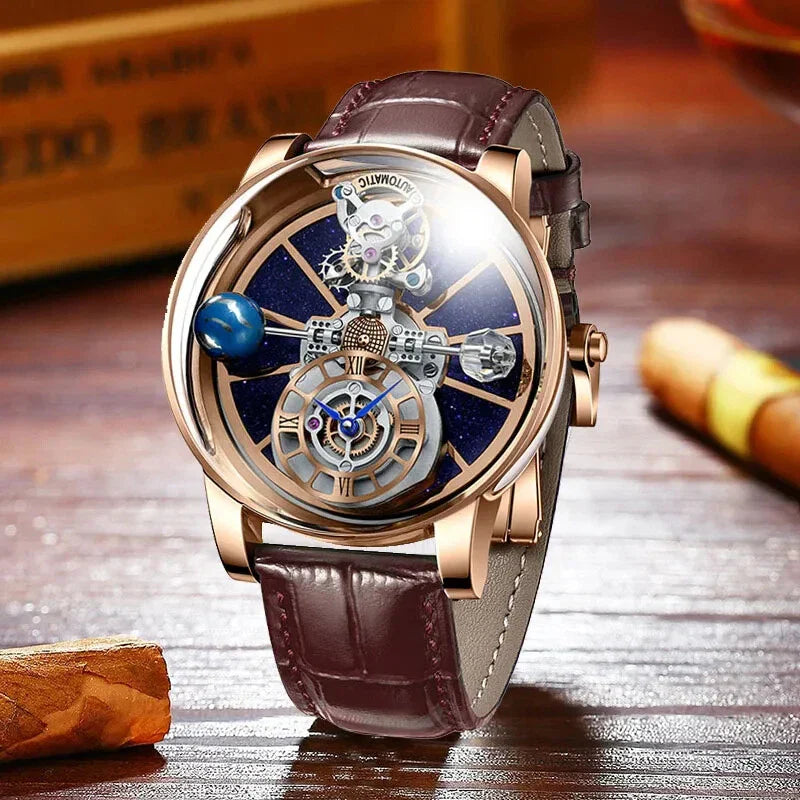 PINDU P5015 Celestial Tourbillon watch on wooden table — how to wind and set your automatic watch