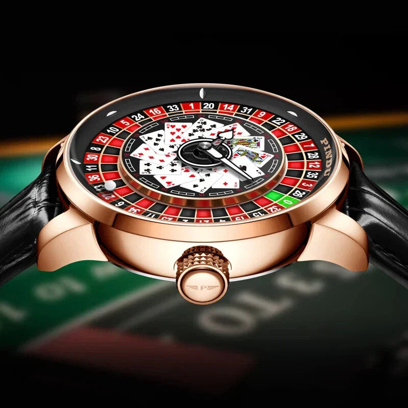 PINDU roulette watch affordable — spinning automatic dial lifestyle wrist shot