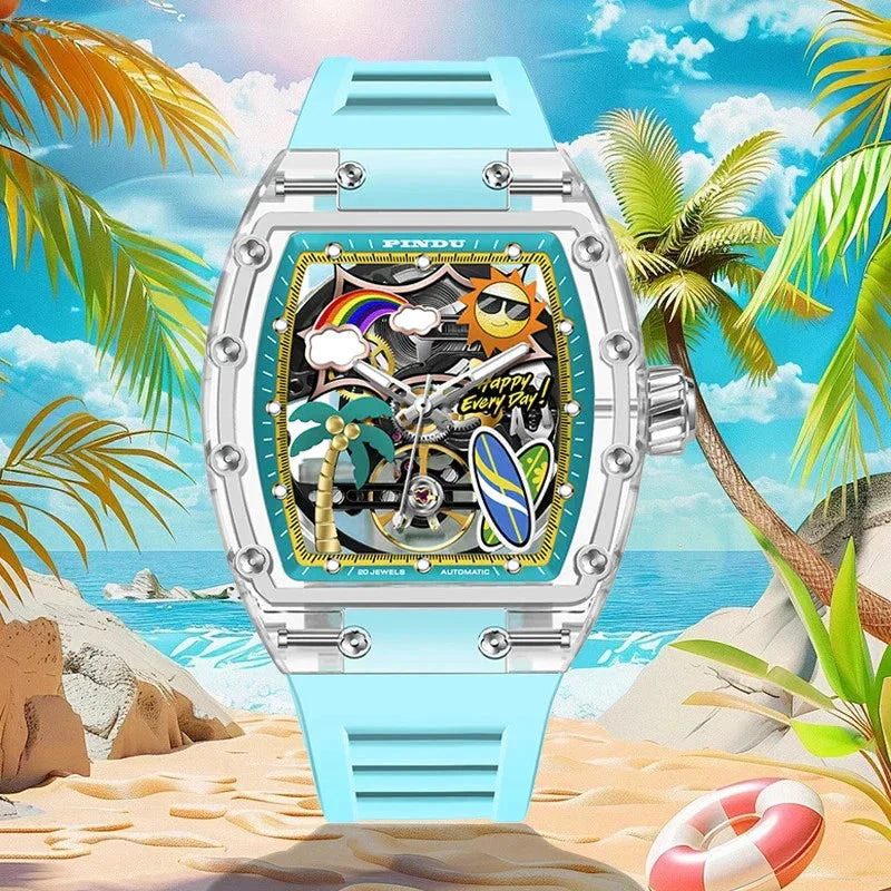 PINDU P6633 Tonneau Summer Beach watch with cyan silicone strap — beach lifestyle with palm trees and ocean