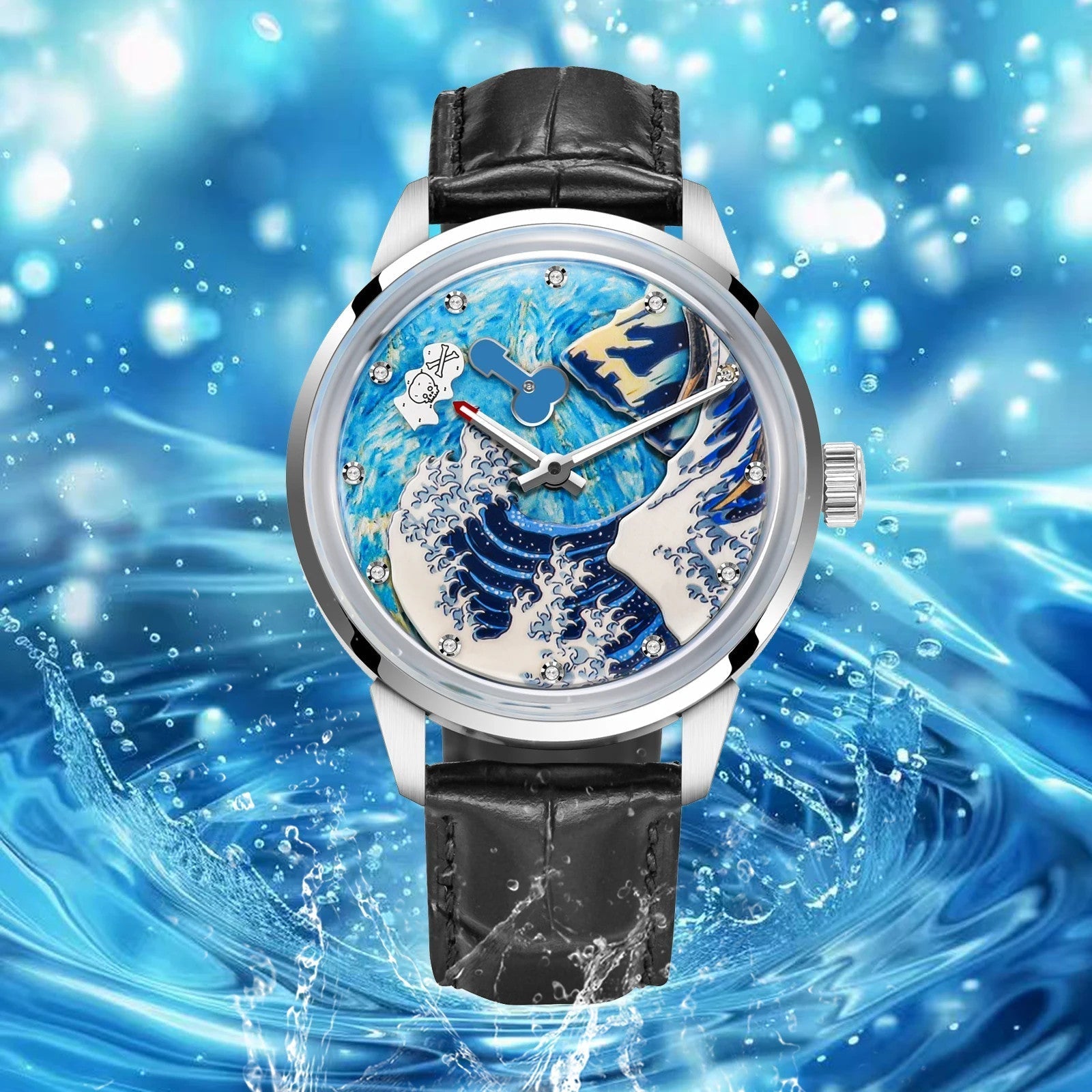 PINDU P6668 Wave Dial open heart watch for men showing flowing wave pattern surrounding open dial aperture — automatic open heart watch with movement visible