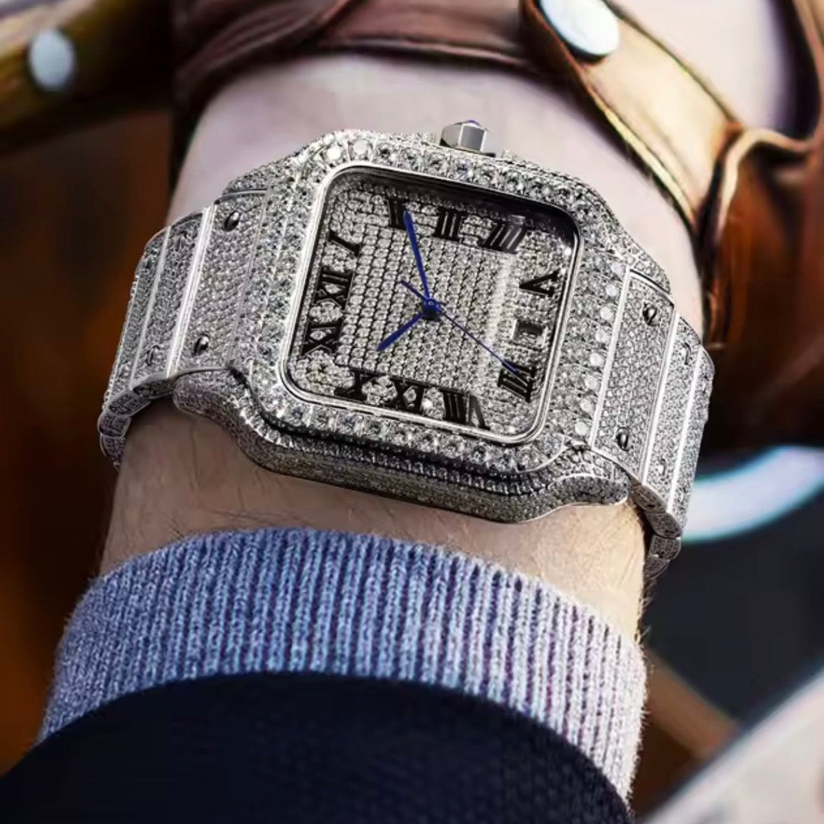 PINDU P6669 iced square watch worn on the wrist