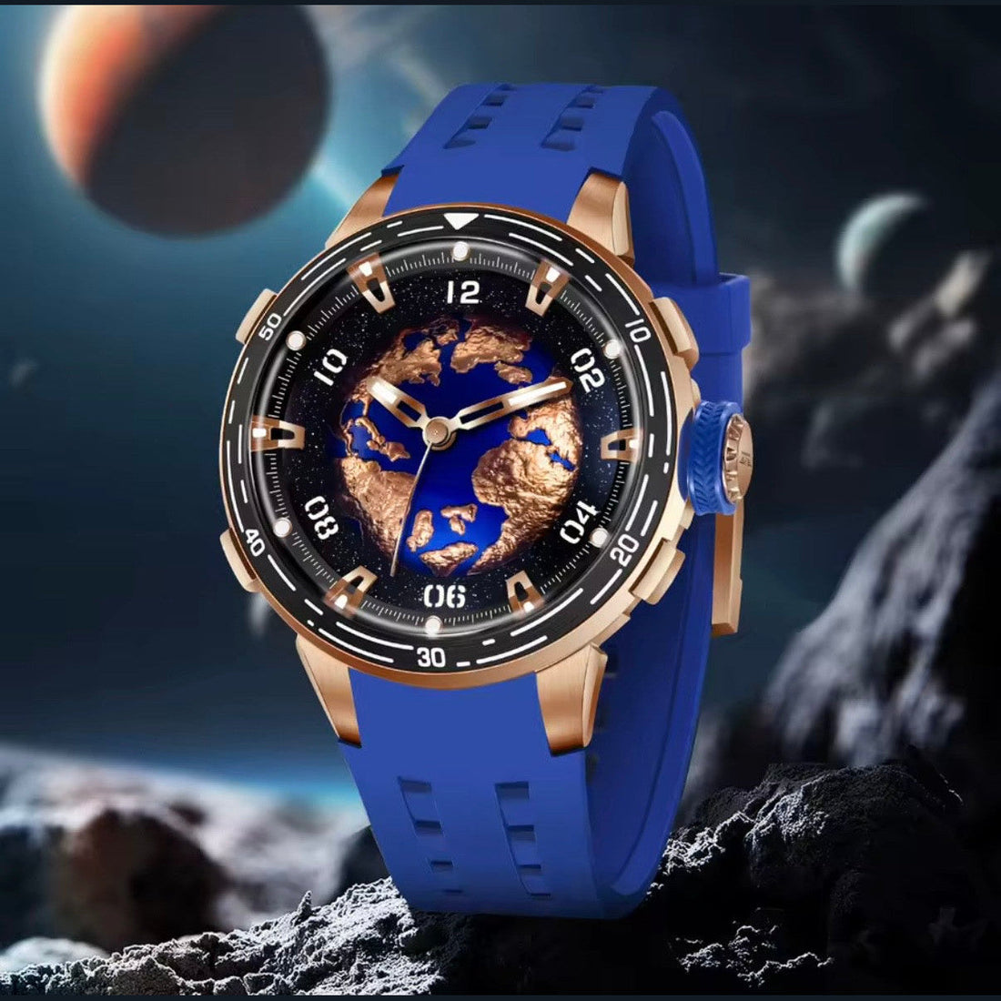 PINDU P6676 Planet Series watch with gold Earth dial against a space backdrop