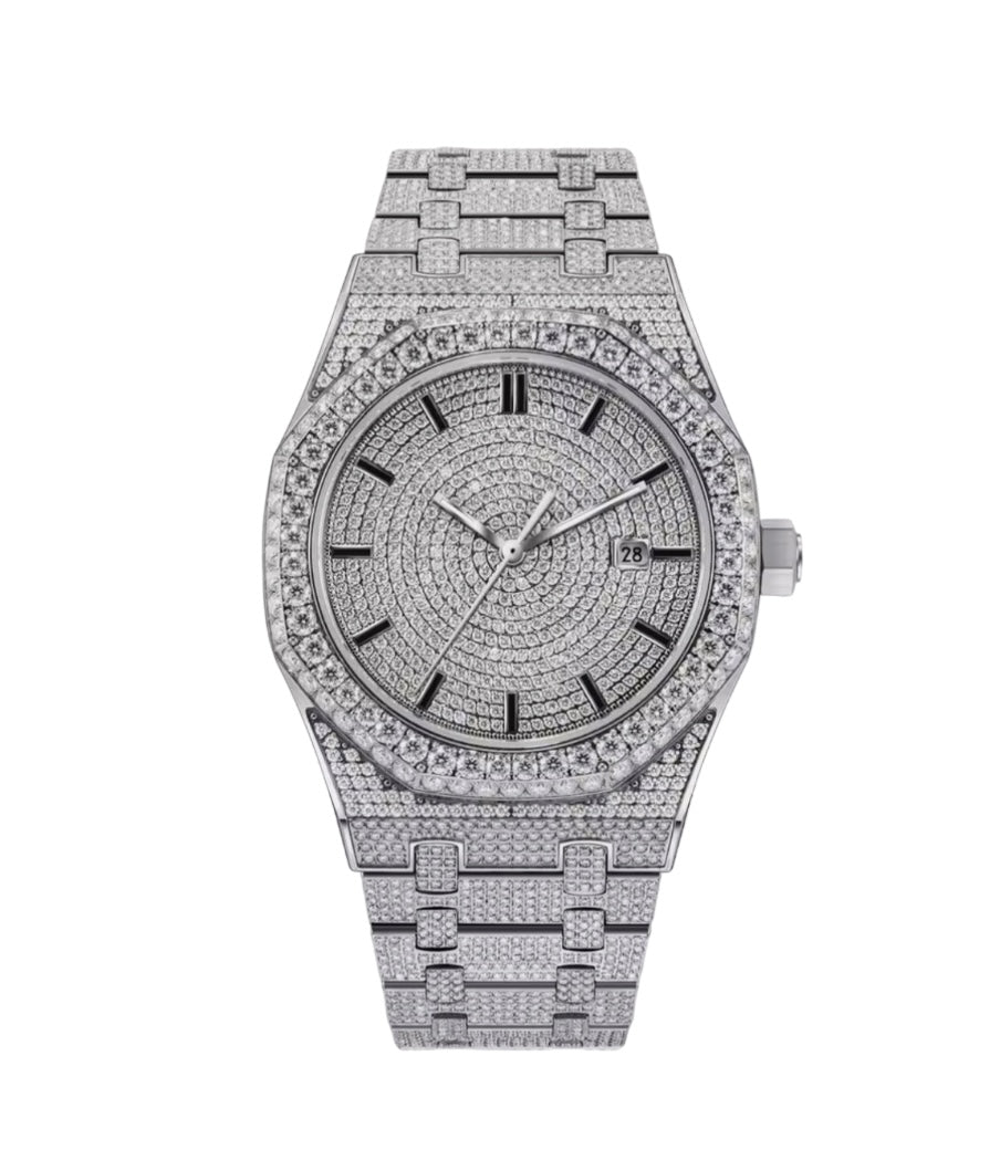 PINDU iced out and statement automatic watches for men — rhinestone-set bezel, bold open dial, stainless steel bracelet, NH35A movement