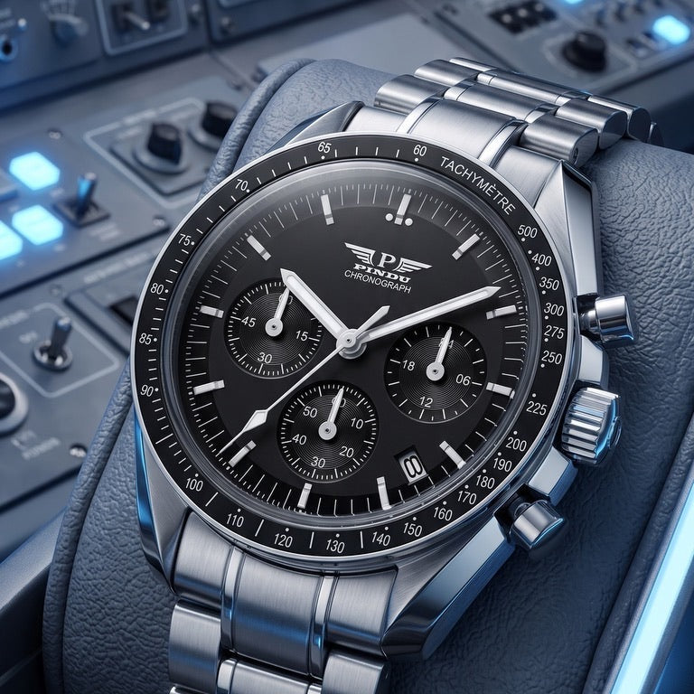 PINDU P1701 Chronograph Moon Watch watch, black dial, on a cockpit panel