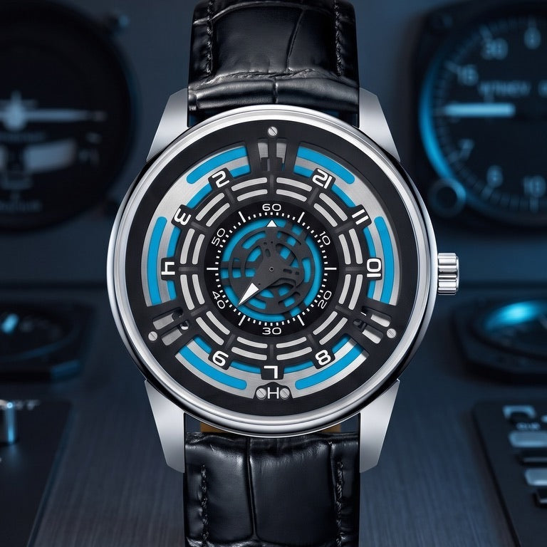 PINDU P5029 Retro Precision Seconds Ring watch, black strap, in an aircraft cockpit