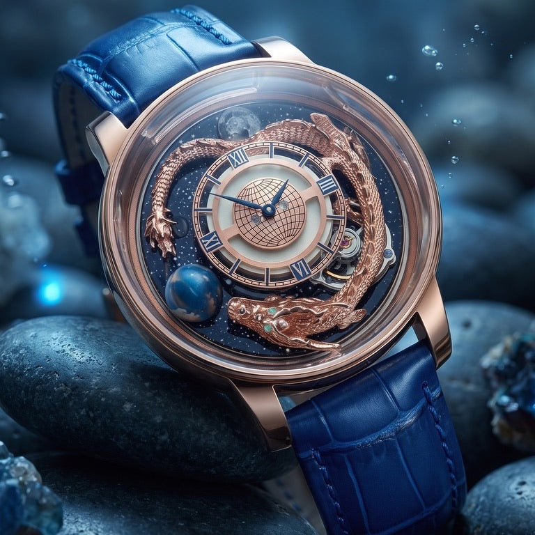 PINDU P6532 Tianlong Dragon watch, rose gold, blue strap, on blue stones