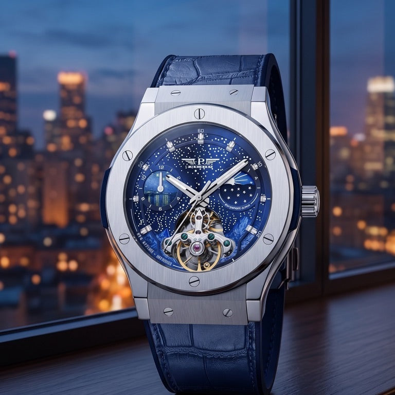 PINDU P6537 Moonphase Automatic watch, blue dial, blue strap, by a city window at night