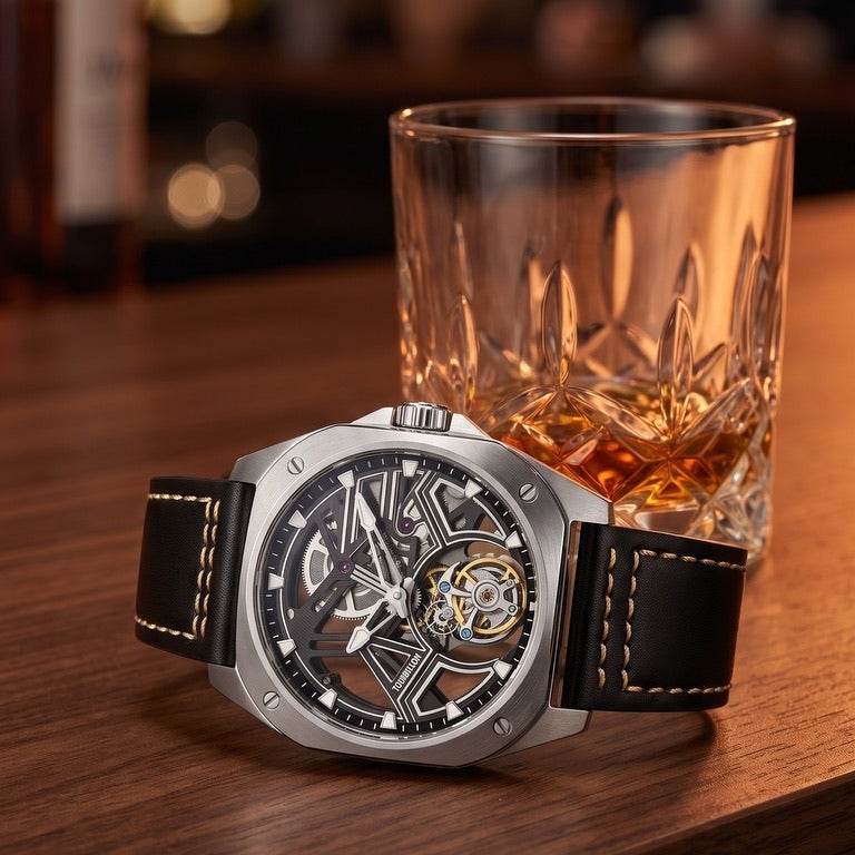 PINDU P6568 Hollow Tourbillon Skeleton watch, steel case, black strap, beside a crystal whisky glass