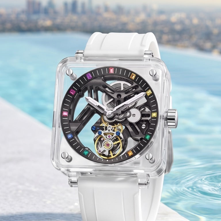PINDU P6569 Clear Square Tourbillon watch, white strap, by an infinity pool