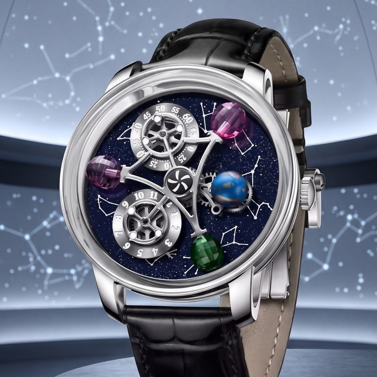 PINDU P6573 Starry Twelve Constellations watch, steel case, black strap, against a constellation map