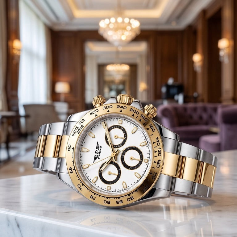 PINDU P6589 NH35 Two-Tone Chronograph-Style Watch watch, white dial, two-tone, in a hotel lobby