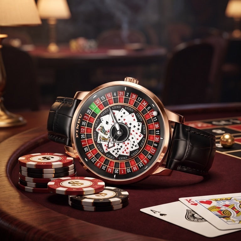 PINDU P6626 Poker Rotary Roulette watch, red dial, black strap, with poker chips