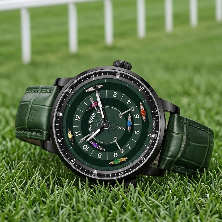 PINDU P6652 Horse Racing watch, green, on racetrack grass