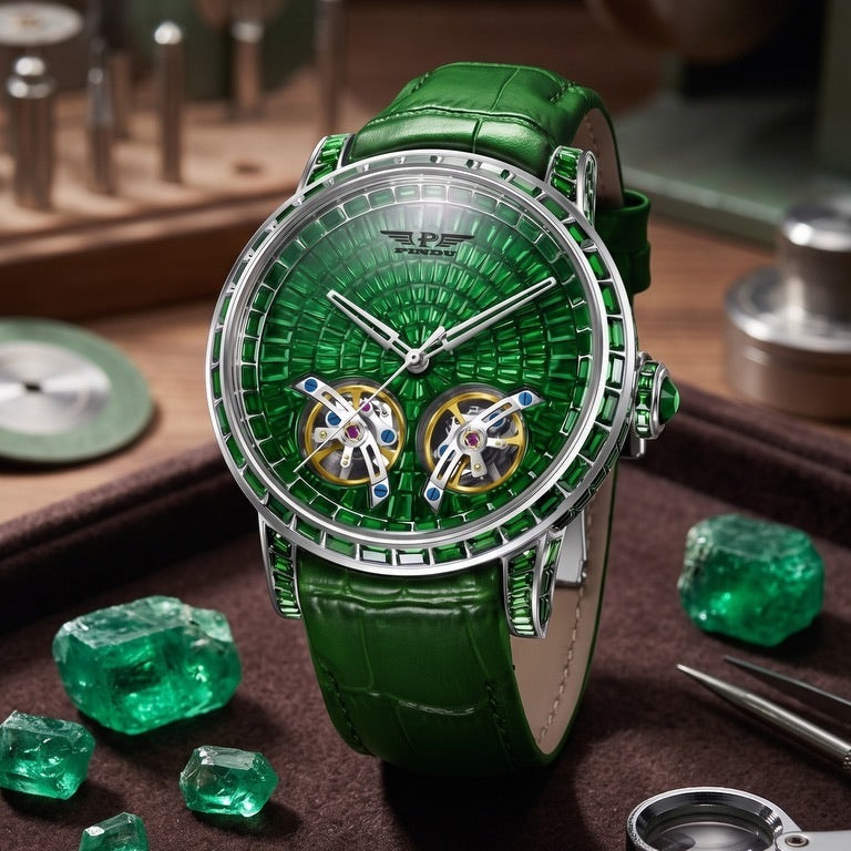 PINDU P6656 Double Tourbillon Diamond Skeleton watch, green, with emeralds