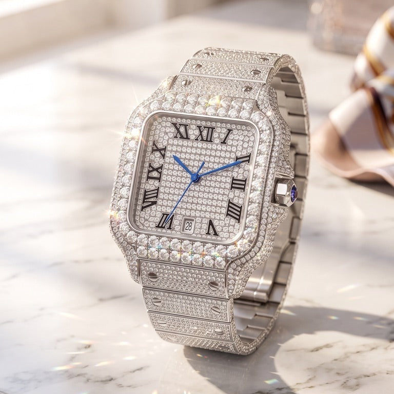 PINDU P6669 Iced Square Automatic watch, iced steel, on marble
