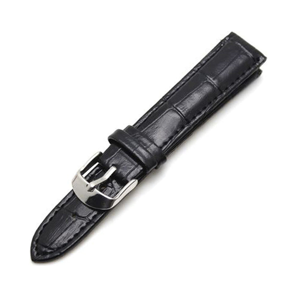 PINDU classic genuine leather watch strap in black with crocodile-grain texture and polished stainless steel pin buckle