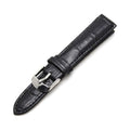 PINDU classic genuine leather watch strap in black with crocodile-grain texture and polished stainless steel pin buckle