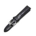 PINDU classic genuine leather replacement watch strap in black with crocodile-grain texture and polished stainless steel pin buckle