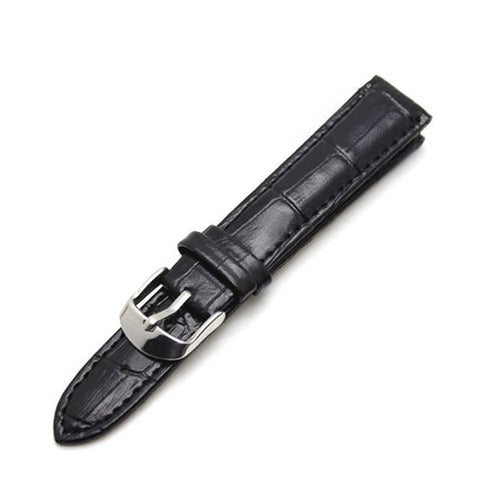 PINDU classic genuine leather replacement watch strap in black with crocodile-grain texture and polished stainless steel pin buckle