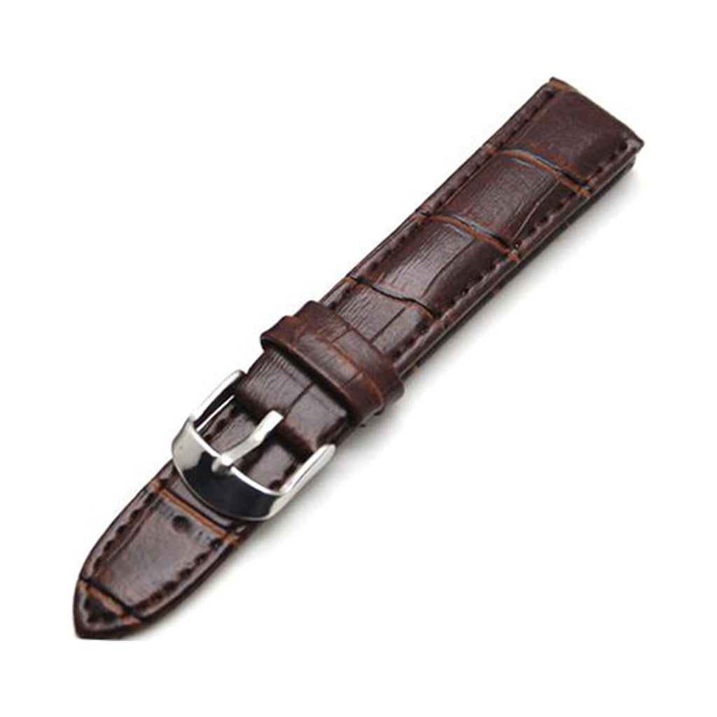 PINDU classic genuine leather watch strap in brown with crocodile-grain texture and polished stainless steel pin buckle