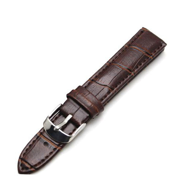 PINDU classic genuine leather replacement watch strap in brown with crocodile-grain texture and polished stainless steel pin buckle
