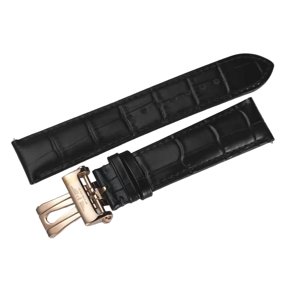 PINDU genuine leather replacement watch strap black 22mm croc pattern rose gold deployment clasp