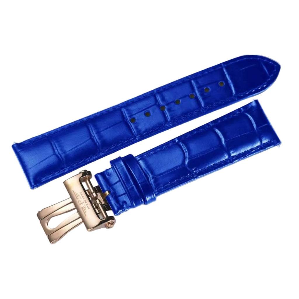 PINDU genuine leather replacement watch strap blue 22mm croc pattern rose gold deployment clasp