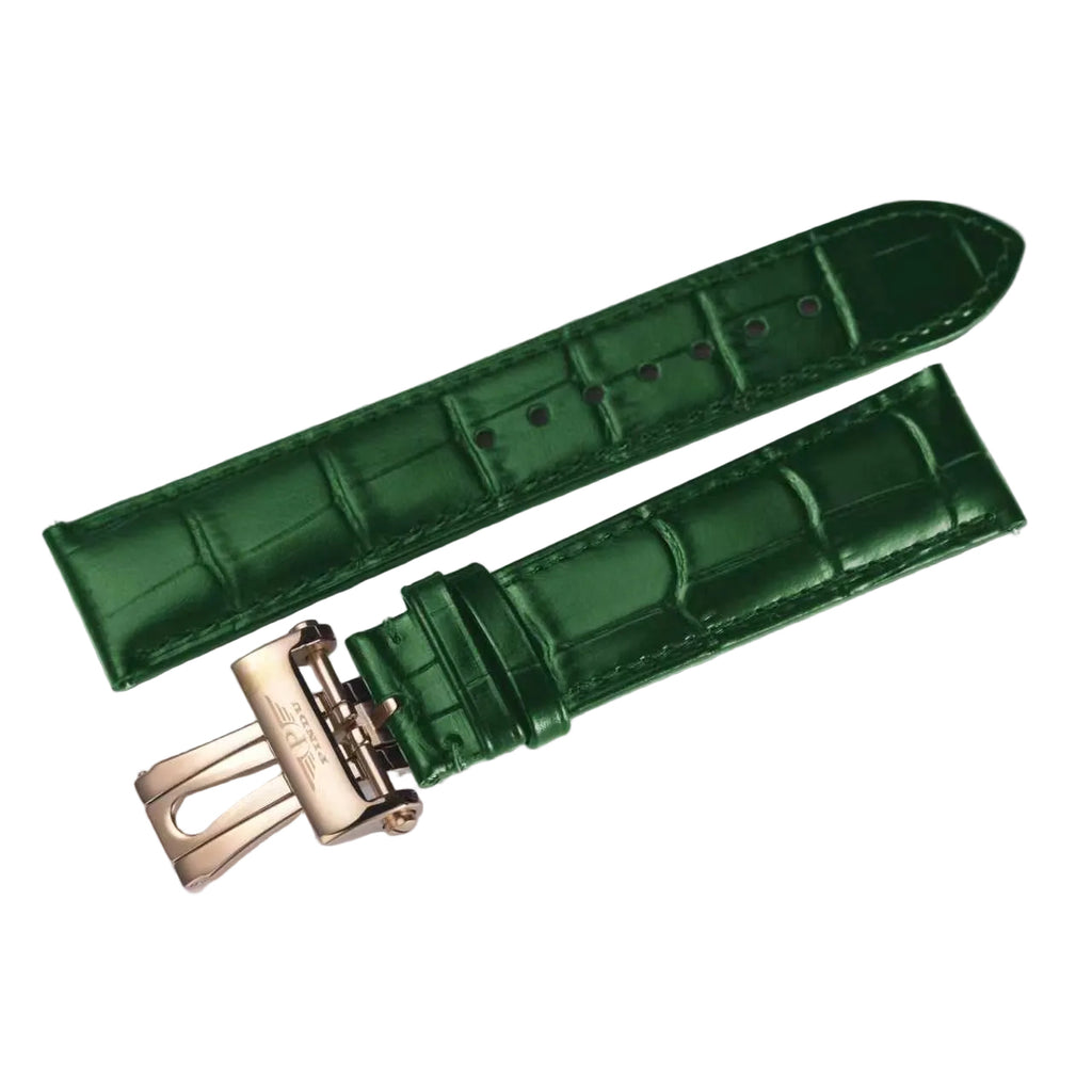 PINDU genuine leather replacement watch strap green 22mm croc pattern rose gold deployment clasp