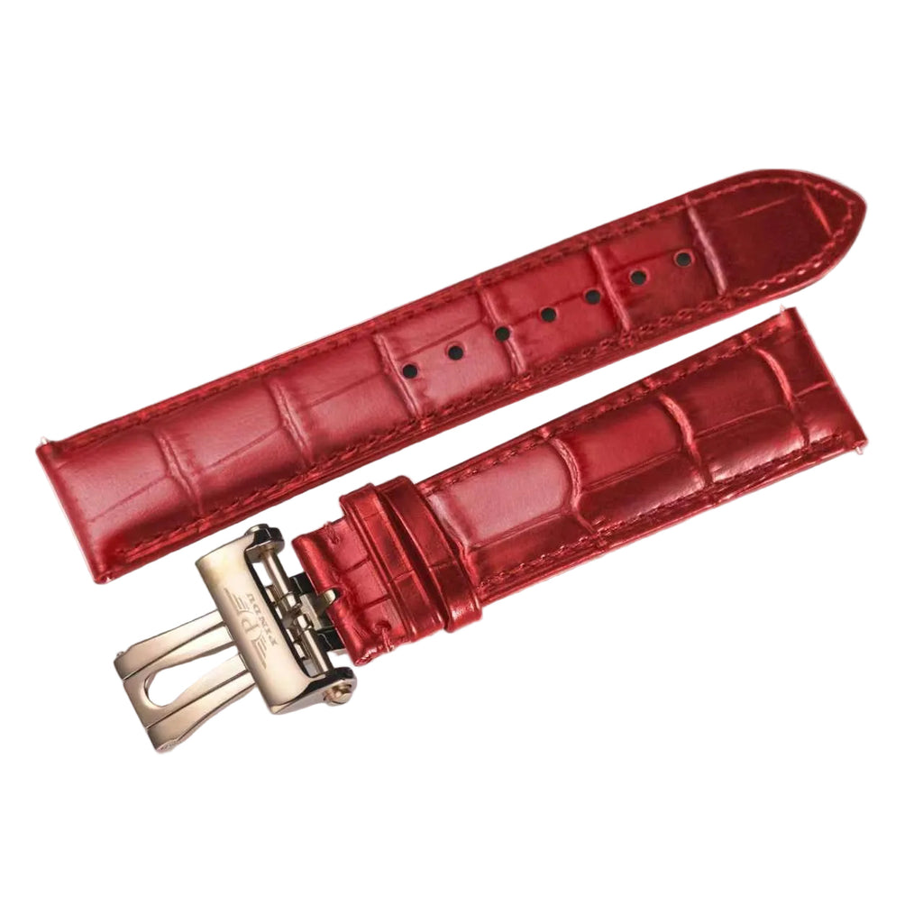 PINDU genuine leather replacement watch strap red 22mm croc pattern rose gold deployment clasp