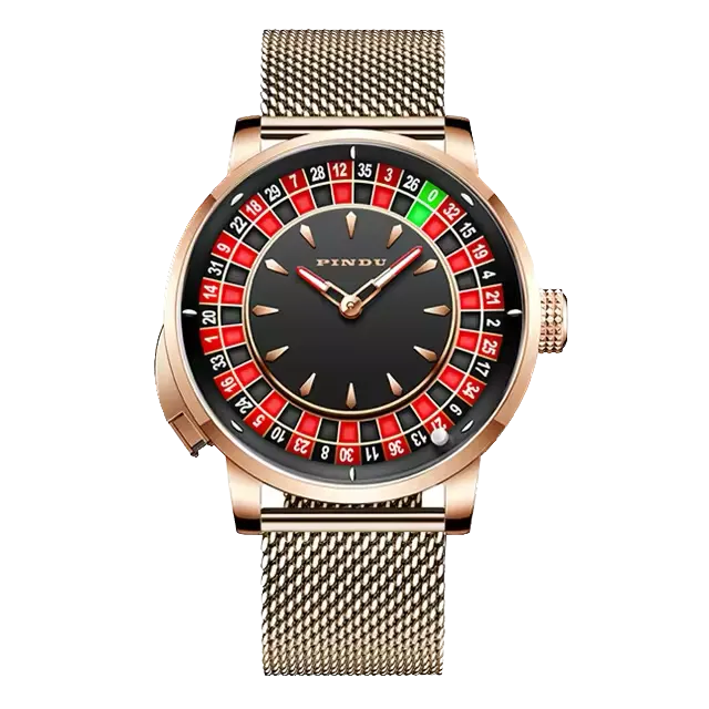 PINDU P6629 roulette automatic watch rose gold case mesh bracelet black dial front view