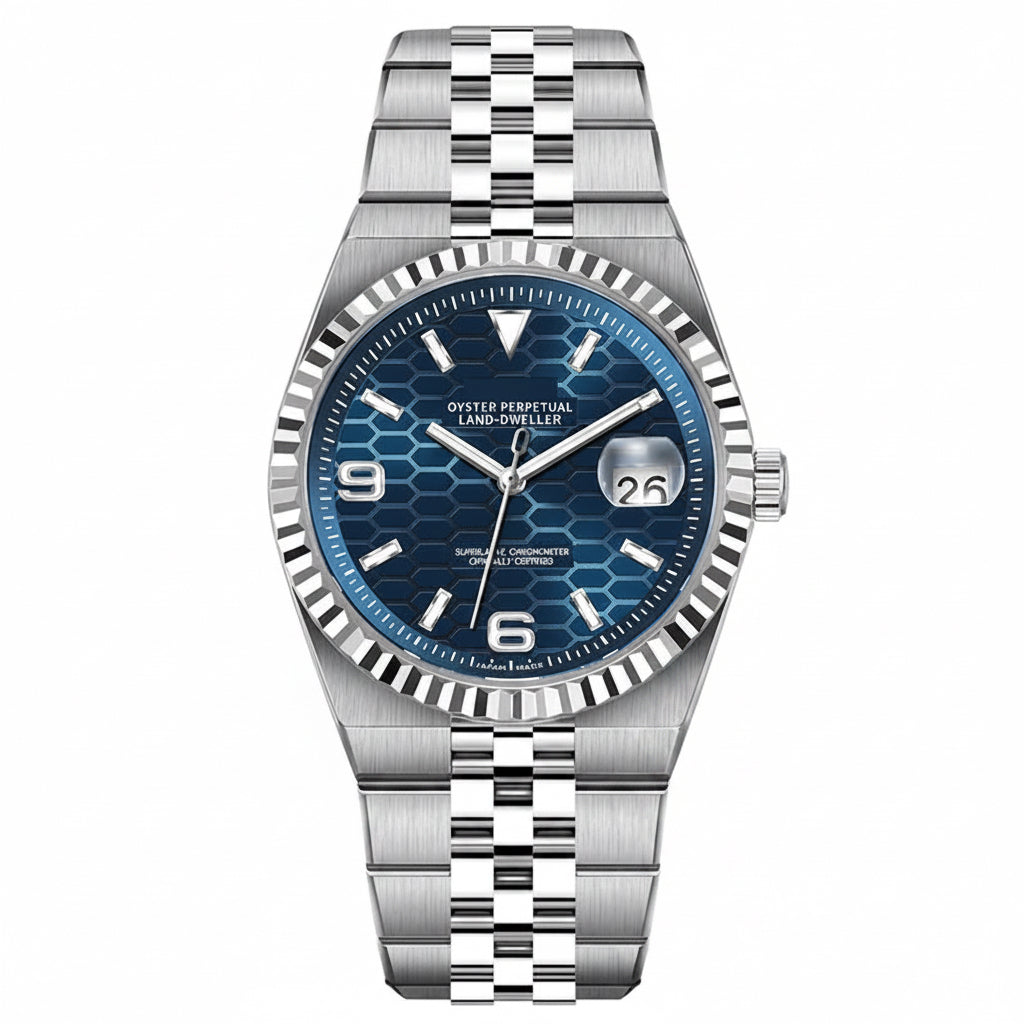 PINDU P1670 NH35 automatic honeycomb dial watch blue dial steel jubilee bracelet front view