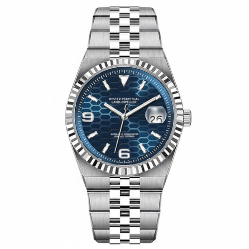 PINDU P1670 NH35 automatic honeycomb dial watch blue dial steel jubilee bracelet front view