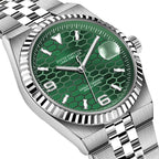 PINDU P1670 NH35 automatic honeycomb dial green dial steel jubilee bracelet angle view