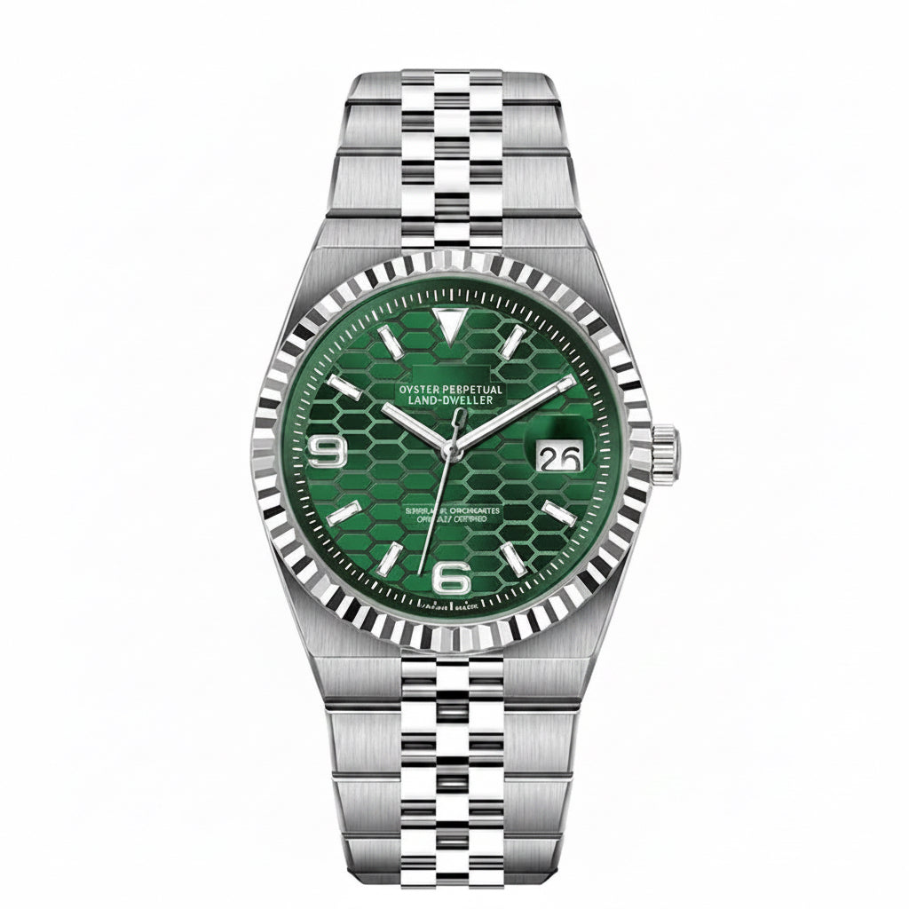 PINDU P1670 NH35 automatic honeycomb dial watch green dial steel jubilee bracelet front view