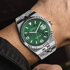 PINDU P1670 NH35 automatic honeycomb dial green dial wrist lifestyle shot