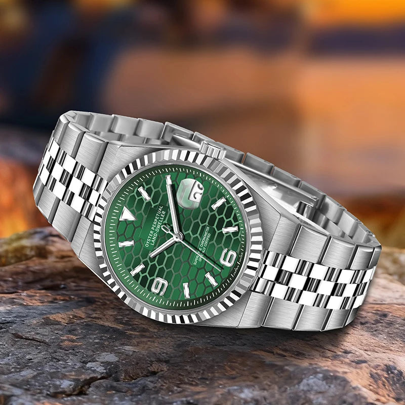 PINDU P1670 NH35 automatic honeycomb dial green dial outdoor lifestyle at sunset