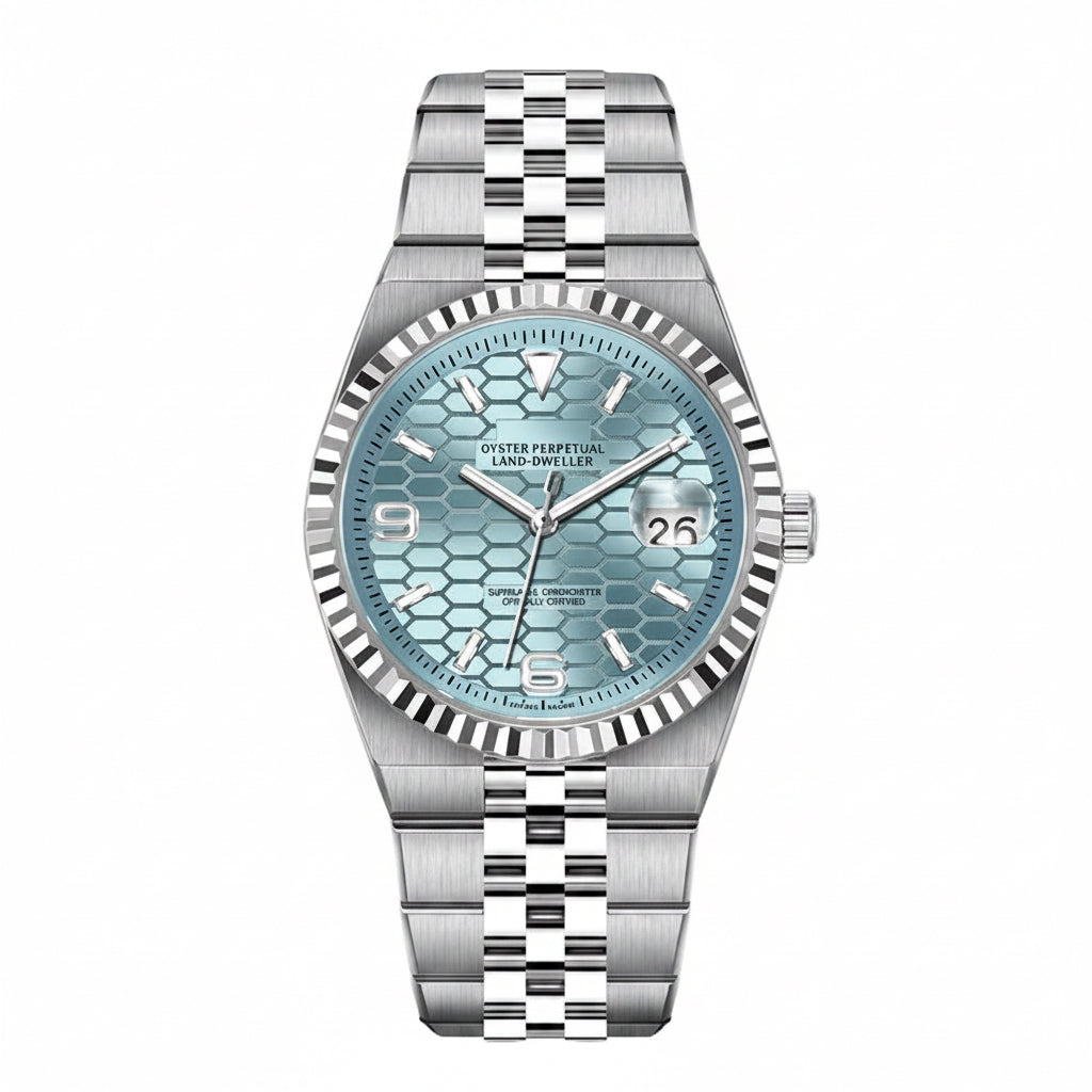 PINDU P1670 NH35 automatic honeycomb dial watch ice blue dial steel jubilee bracelet front view