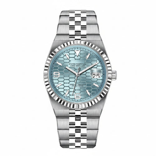 PINDU P1670 NH35 automatic honeycomb dial watch ice blue dial steel jubilee bracelet front view
