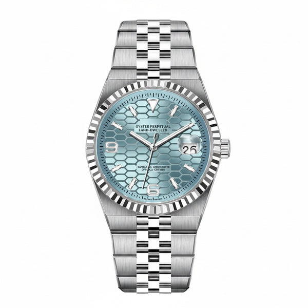 PINDU P1670 NH35 automatic honeycomb dial watch ice blue dial steel jubilee bracelet front view