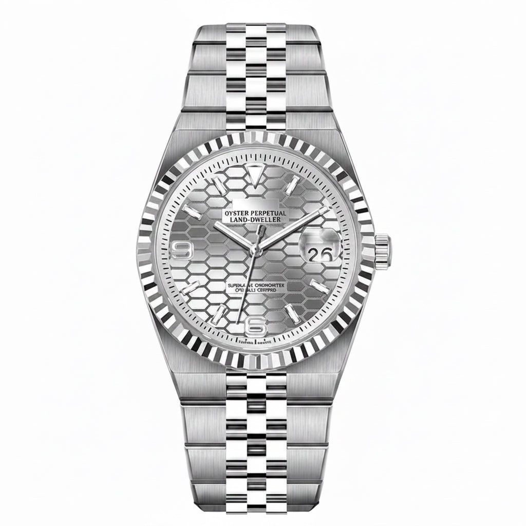 PINDU P1670 NH35 automatic honeycomb dial watch silver dial steel jubilee bracelet front view