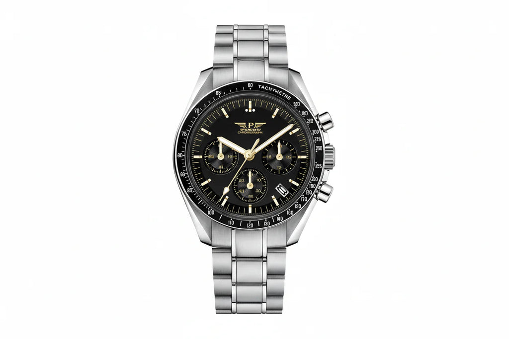 PINDU P1701 40mm chronograph quartz moon watch silver case black dial tachymetre front view