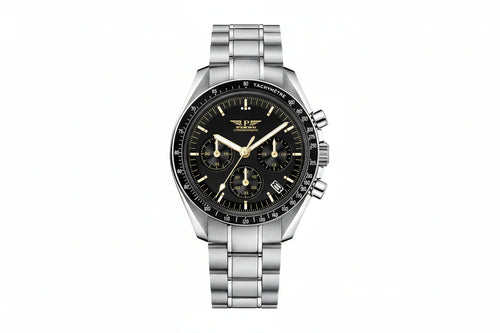 PINDU P1701 40mm chronograph quartz moon watch silver case black dial tachymetre front view