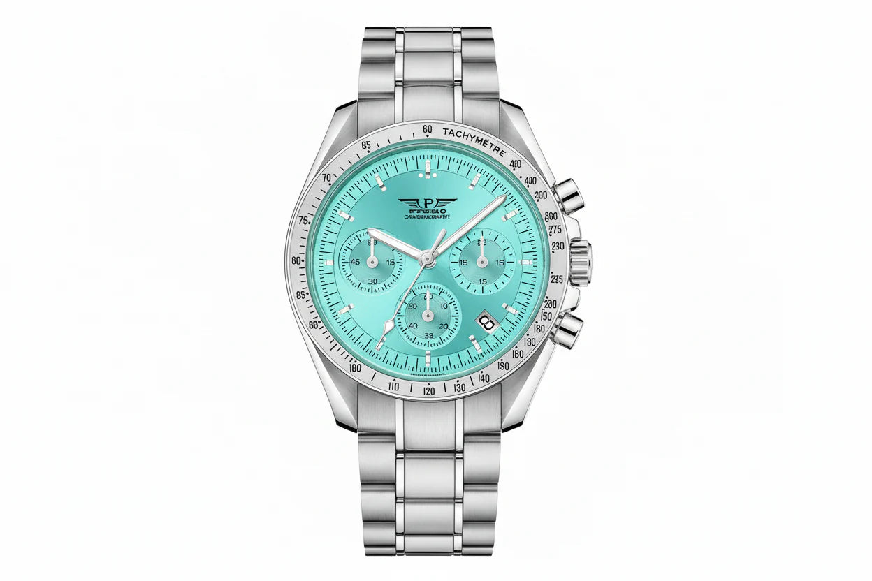 PINDU P1701 40mm chronograph quartz moon watch silver case turquoise dial front view