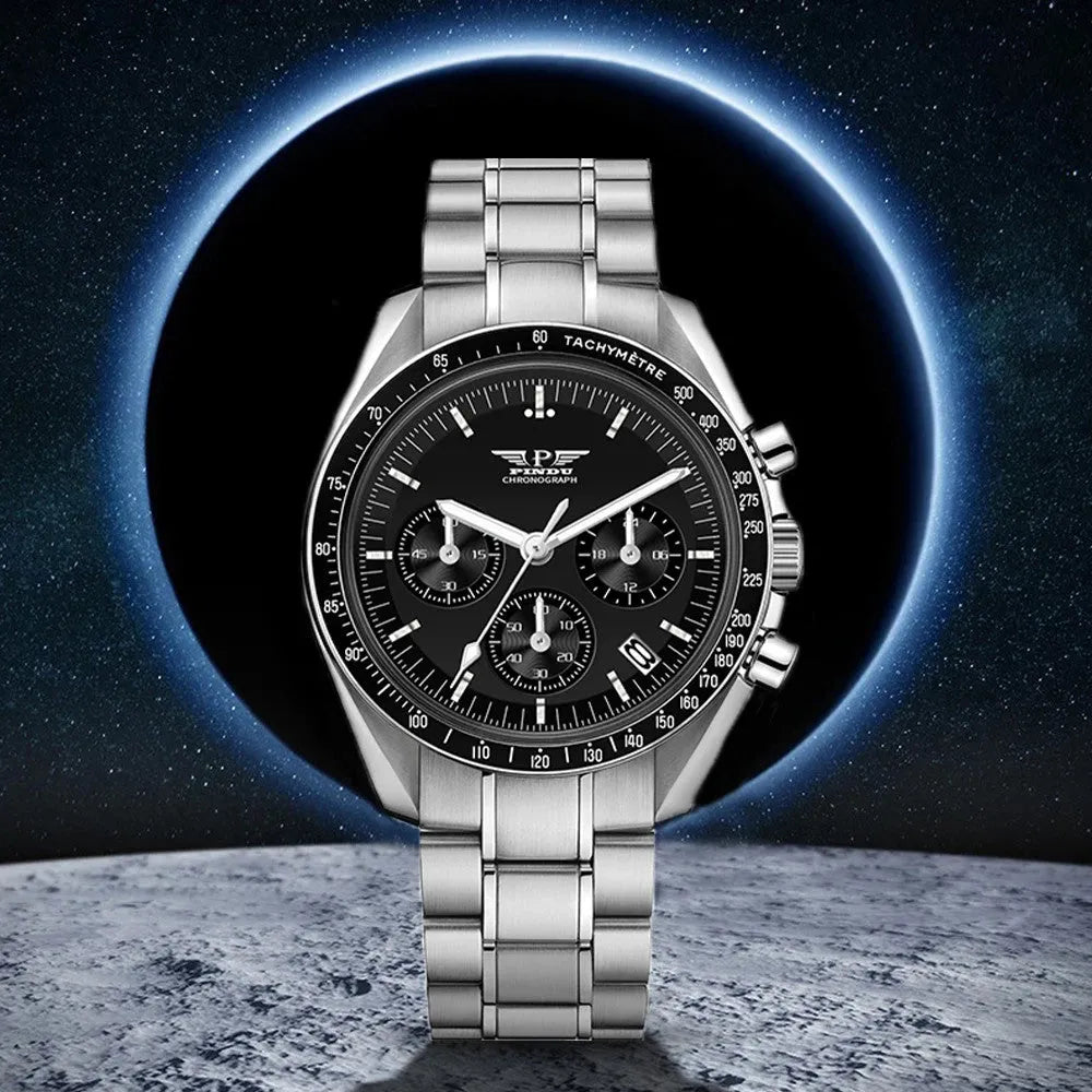 PINDU P1701 40mm chronograph quartz moon watch silver case turquoise dial front view