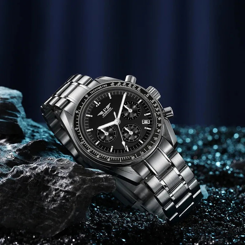 PINDU P1701 40mm chronograph quartz moon watch silver case turquoise dial front view