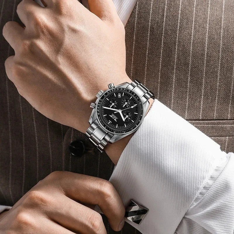 PINDU P1701 40mm chronograph quartz moon watch silver case turquoise dial front view