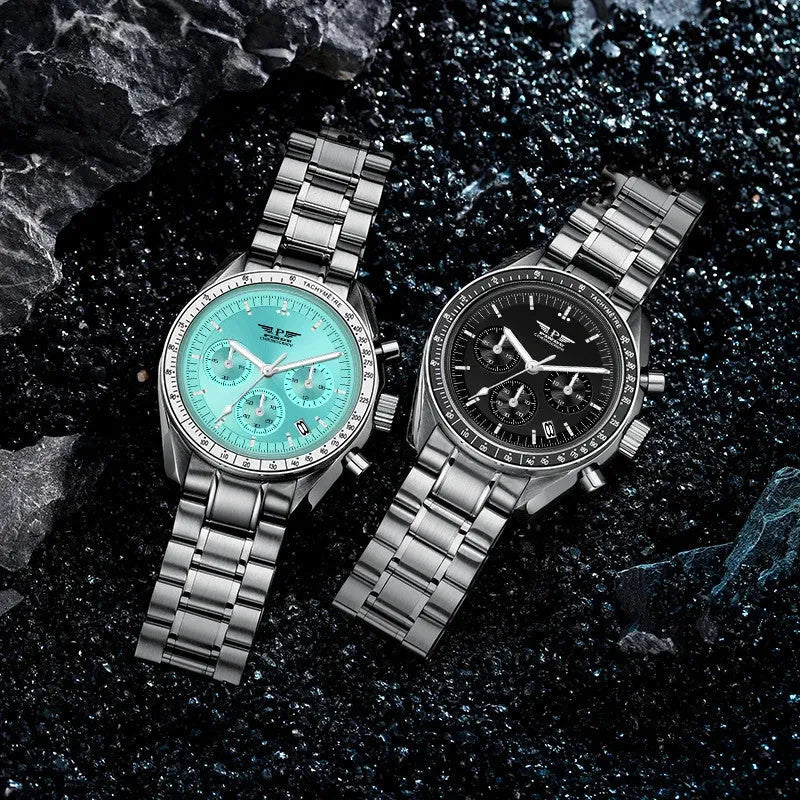PINDU P1701 40mm chronograph quartz moon watch silver case turquoise dial front view