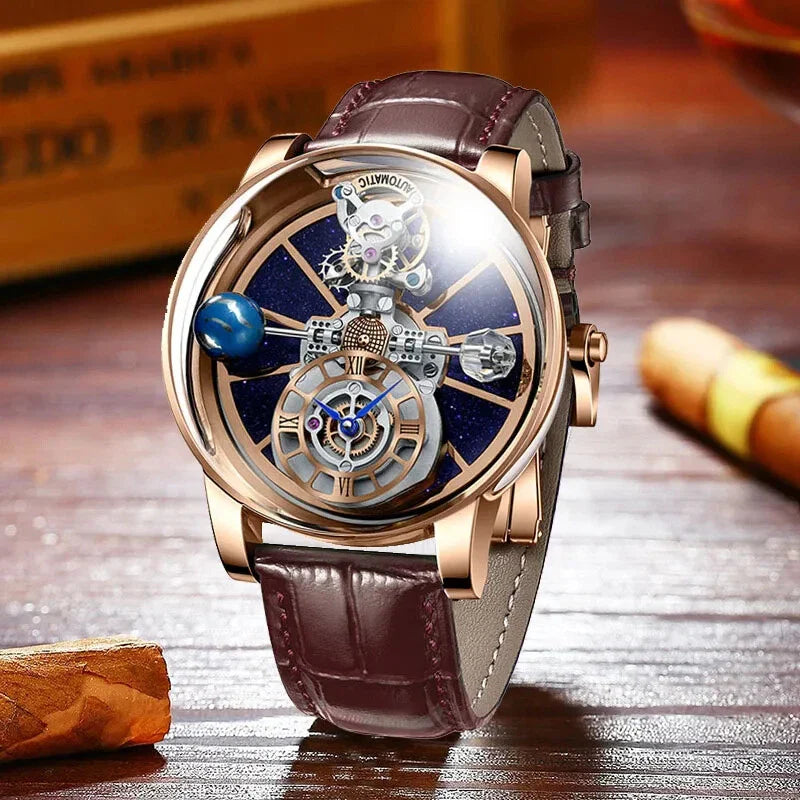 PINDU P5015 celestial tourbillon rose gold watch with brown leather strap on wooden table