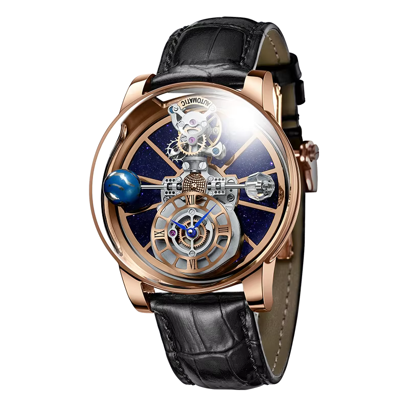 PINDU P5015 celestial tourbillon watch rose gold case with black leather strap